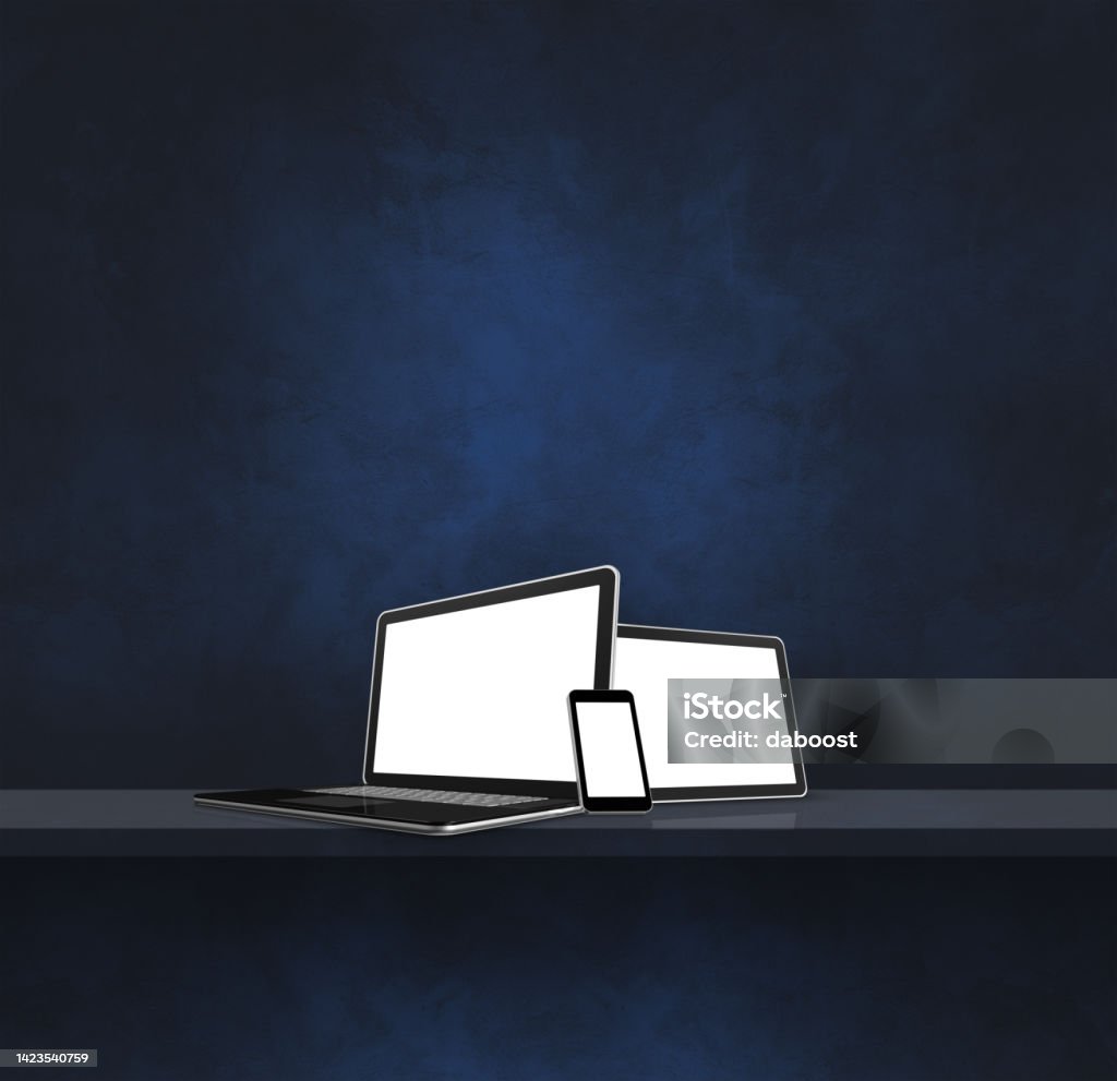 Laptop, mobile phone and digital tablet pc on black wall shelf. Square background. 3D Illustration